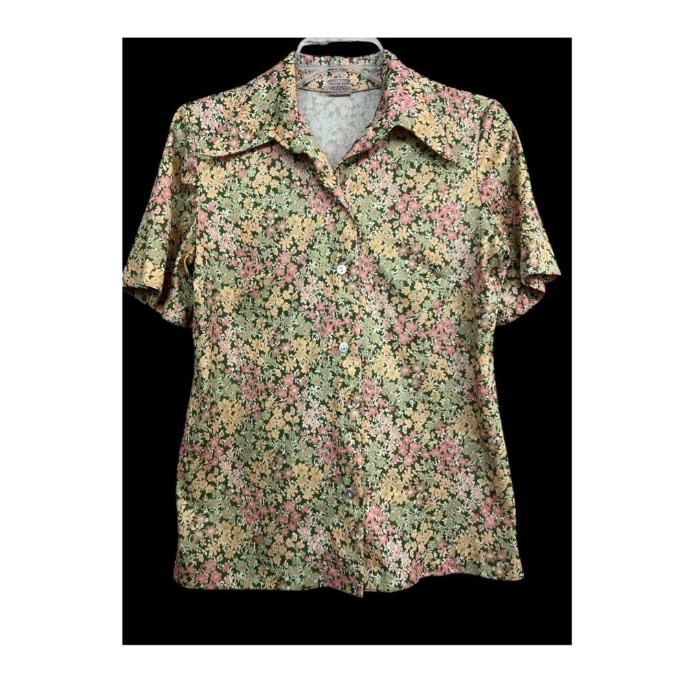 Vintage 70s Women Dagger Collar Floral Mod‎ Poly Top Button Front L Cottagecore